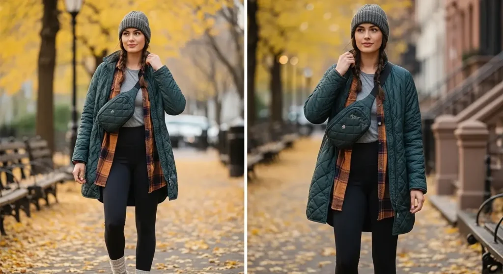 Quilted Jacket + Flannel Shirt + Leggings Cozy Fall Outfits