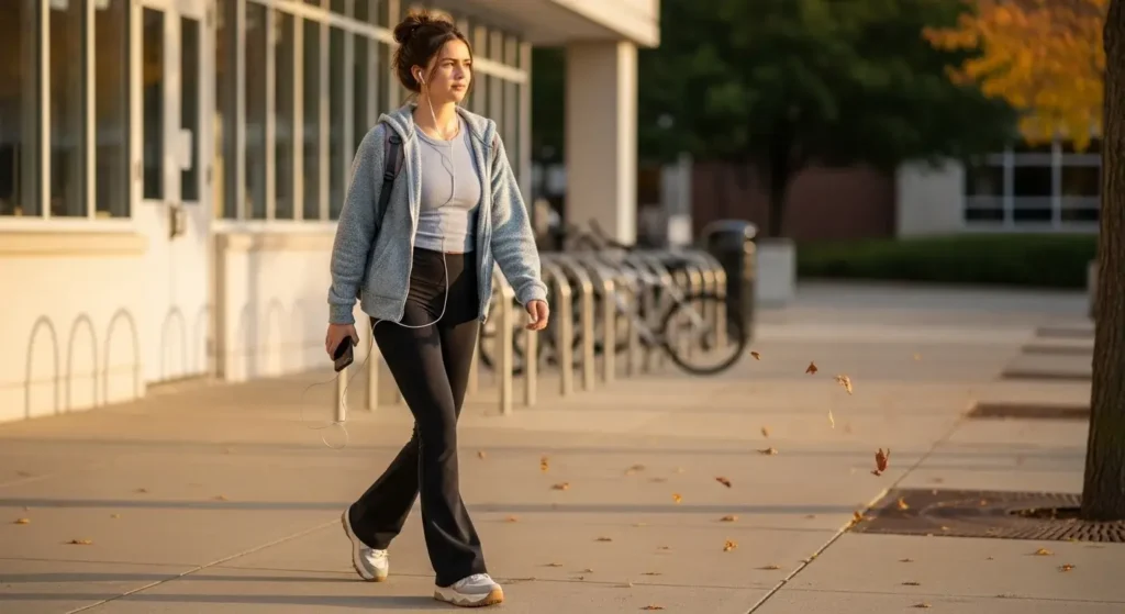 Zip-Up Hoodie + Flared Leggings + Platform Sneakers Cute Fall Outfits for School