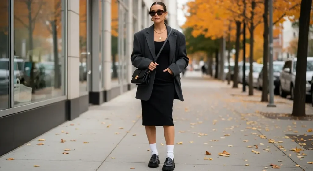 Oversized Blazer + Tank Dress + Loafers Early Fall Outfits