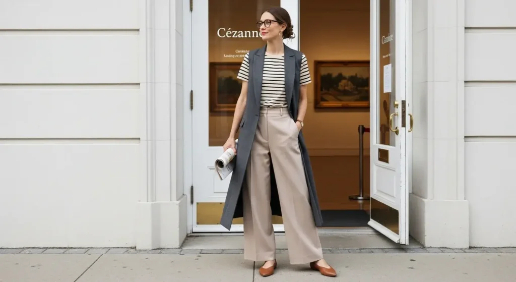 Long Vest + Striped Tee + Wide-Leg Pants Early Fall Outfits