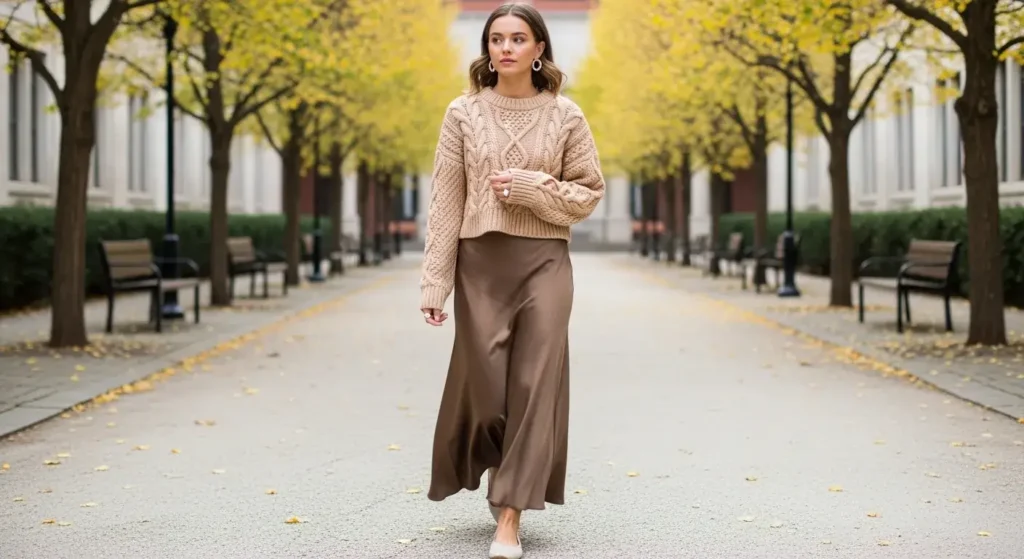 Cropped Sweater + Maxi Skirt + Canvas Tote Fall Outfit Ideas for College