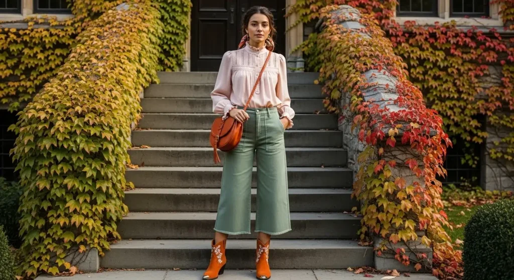 Prairie Blouse + Cropped Wide-Leg Pants + Embroidered Booties Boho Fall Outfits