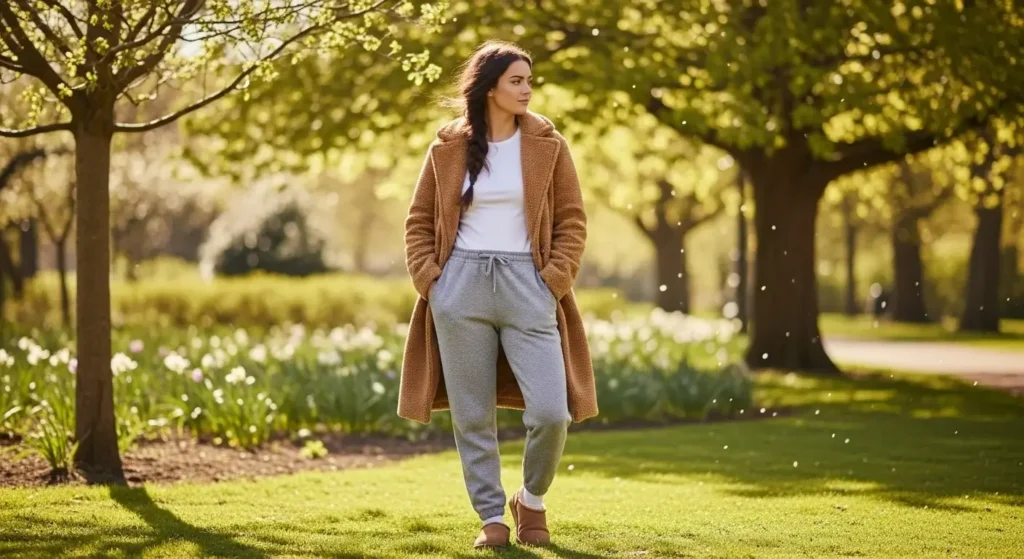 Teddy Coat + Basic Tee + Joggers + UGG Ultra Minis Trendy Fall Outfits