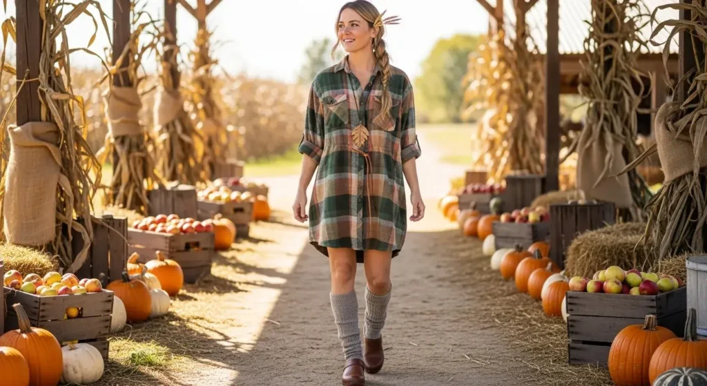 Oversized Flannel Shirt Dress + Tall Socks + Clogs Boho Fall Outfits