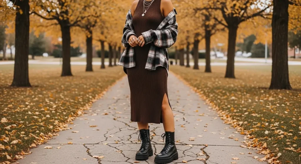 Flannel Shirt + Knit Midi Dress + Combat Boots Fall Outfit Ideas for College