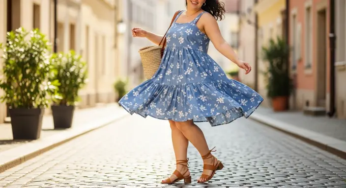  Tiered Sundress with Strappy Sandals Plus Size Summer Outfits 