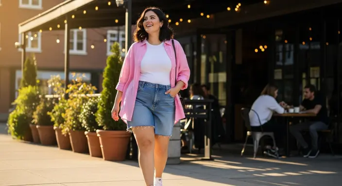 Denim Shorts with an Oversized Shirt Plus Size Summer Outfits 