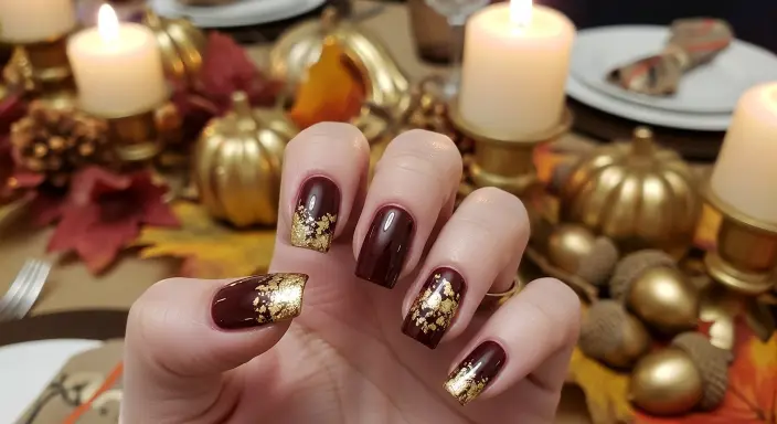 Burgundy and Gold Glam Trendy Thanksgiving Nail