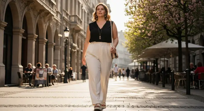 Wide-Leg Trousers with a Sleeveless Blouse Plus Size Summer Outfits 