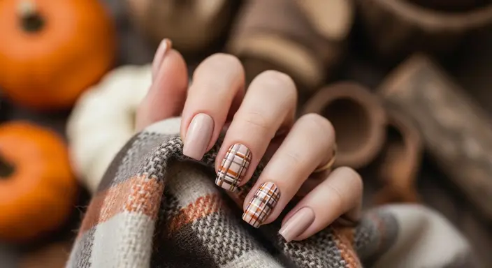 Neutral Plaid Patterns Trendy Thanksgiving Nail