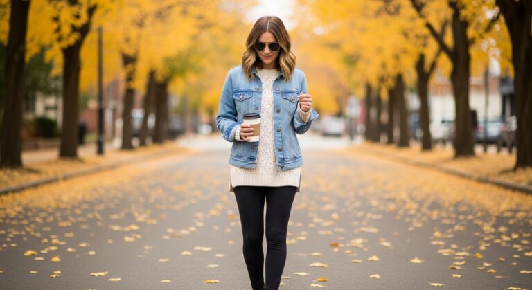 A cozy fall street-style scene featuring a stylish woman in her mid-20s wearing a **light blue jean jacket layered over a cream knit sweater**, paired with **black leggings and ankle boots**. She’s holding a coffee cup and walking through a fall street lined with golden autumn leaves. The background is softly blurred to make her outfit stand out. The vibe should feel **real, casual, and Pinterest-worthy**, not staged or model-like.