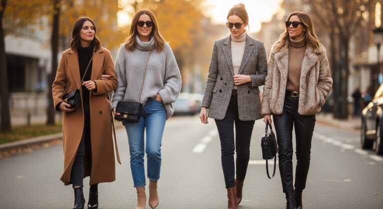 A photorealistic scene of 3–4 stylish women walking together on a city street in fall-to-winter fashion. Each woman wears a different outfit: one in a long camel wool coat with ankle boots, another in a chunky oversized sweater with jeans, one in a plaid blazer layered over a turtleneck, and another in a faux fur jacket with leather pants. The background shows soft autumn leaves and a hint of winter chill. Natural golden light, real-life candid look, Pinterest-aesthetic, cozy yet classy.