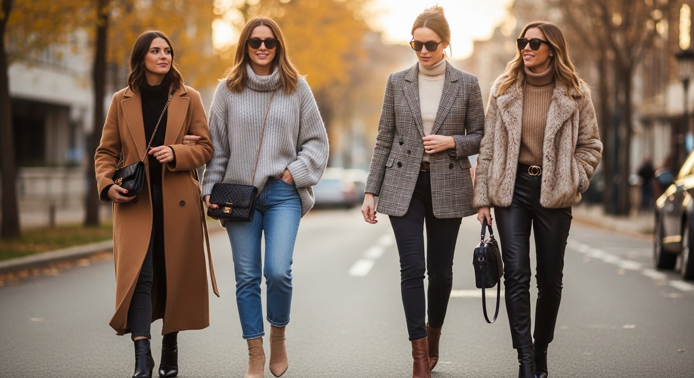 A photorealistic scene of 3–4 stylish women walking together on a city street in fall-to-winter fashion. Each woman wears a different outfit: one in a long camel wool coat with ankle boots, another in a chunky oversized sweater with jeans, one in a plaid blazer layered over a turtleneck, and another in a faux fur jacket with leather pants. The background shows soft autumn leaves and a hint of winter chill. Natural golden light, real-life candid look, Pinterest-aesthetic, cozy yet classy.